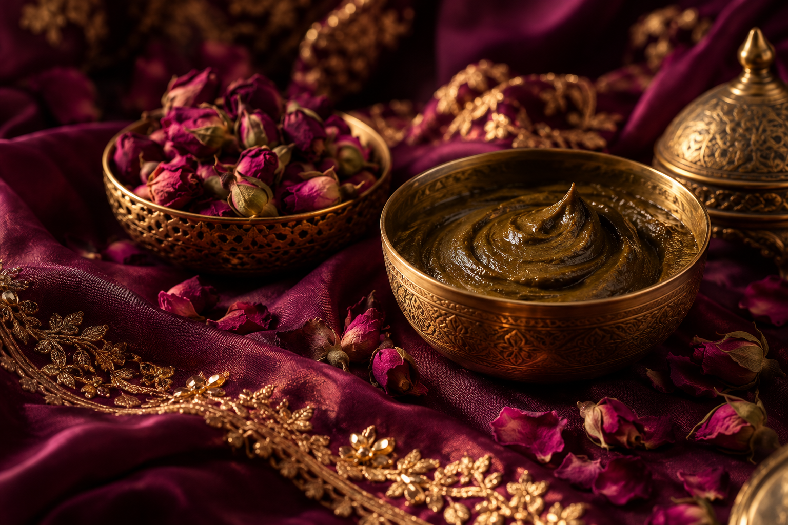 Brass bowls with henna paste and rosebuds on magenta silk with gold thread