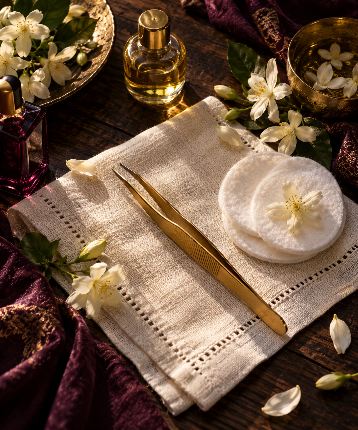 Gold tweezers, cotton pads, oil bottles, and jasmine on ivory linen